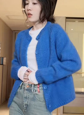 2026春款女装蓝色针织开衫外套短