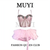 MUYI原创 表演服 女团gogo舞台演出服重工镶钻吊带鞠婧祎粉色同款