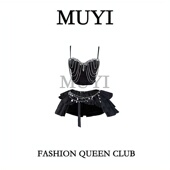 MUYI原创 女团gogo舞台演出服重工镶钻吊带鞠婧祎同款 黑色打歌服