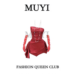 MUYI原创酒吧gogo女团新年红色气质御姐抹胸裙演出服女歌手礼服裙