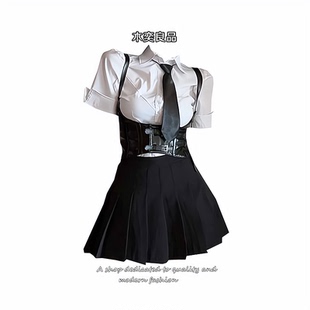 辣妹腰封马甲三件套装 美式 百褶短裙 jk制服纯欲收腰显瘦短袖 衬衫