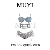 MUYI原创 酒吧性感gogo女团牛仔比基尼吊带演出服重工镶钻舞台服