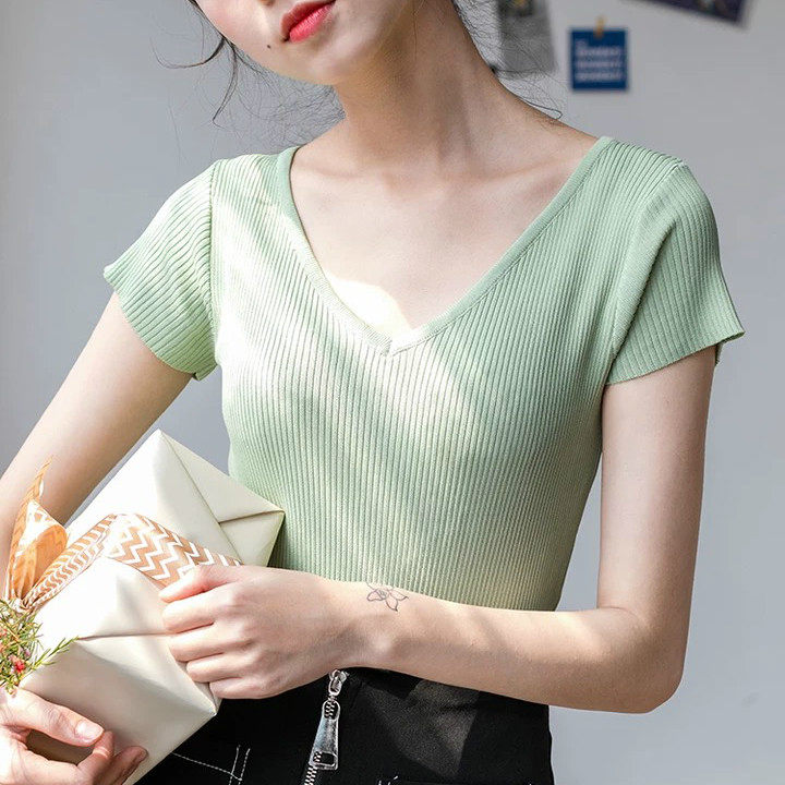 特！JUZI891-1冰丝V领短款针织衫女夏季韩版显瘦百搭简约套头上衣