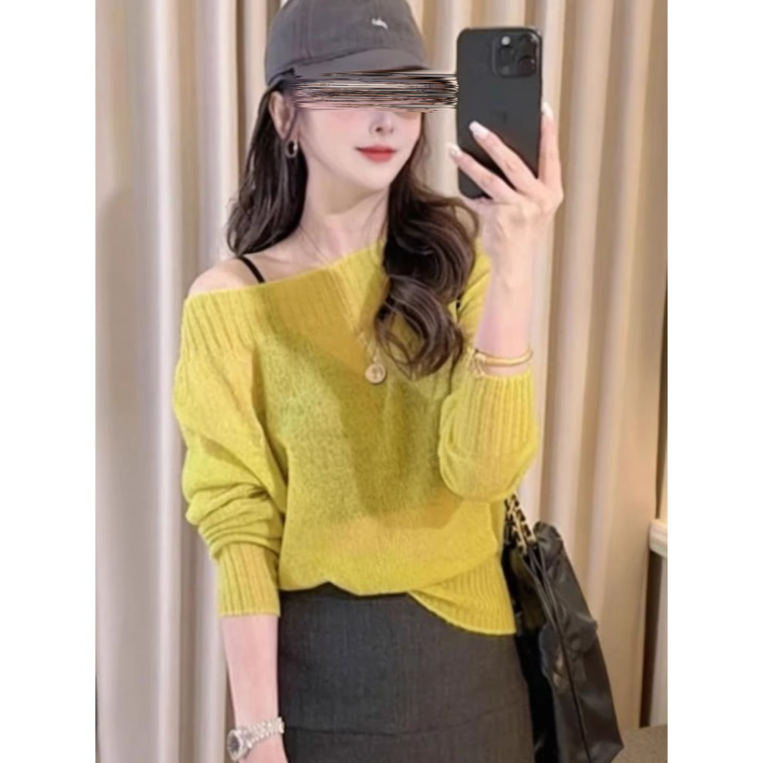 秋季新款显瘦一字肩针织衫上衣