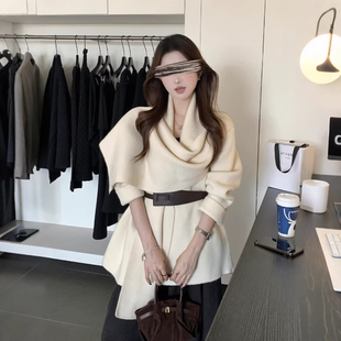 配腰带 韩系气质松弛氛围感围巾领针织开衫 外套设计感不规则外套