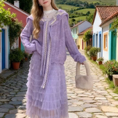 温柔风紫色海军领花朵针织套装 连衣裙子女秋冬气质两件套