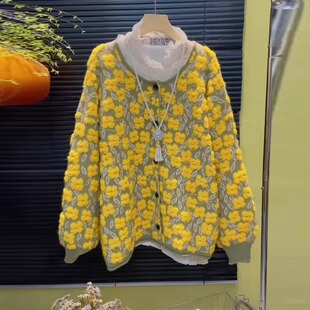 花朵提花长袖宽松毛衣开衫初秋深冬穿搭田园风森系复古时髦外套女