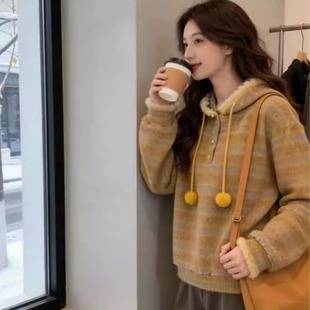 多巴胺风黄色条纹连帽卫衣女宽松显瘦氛围感针织衫上衣