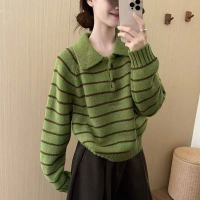 秋冬Polo领条纹套头针织衫毛衣