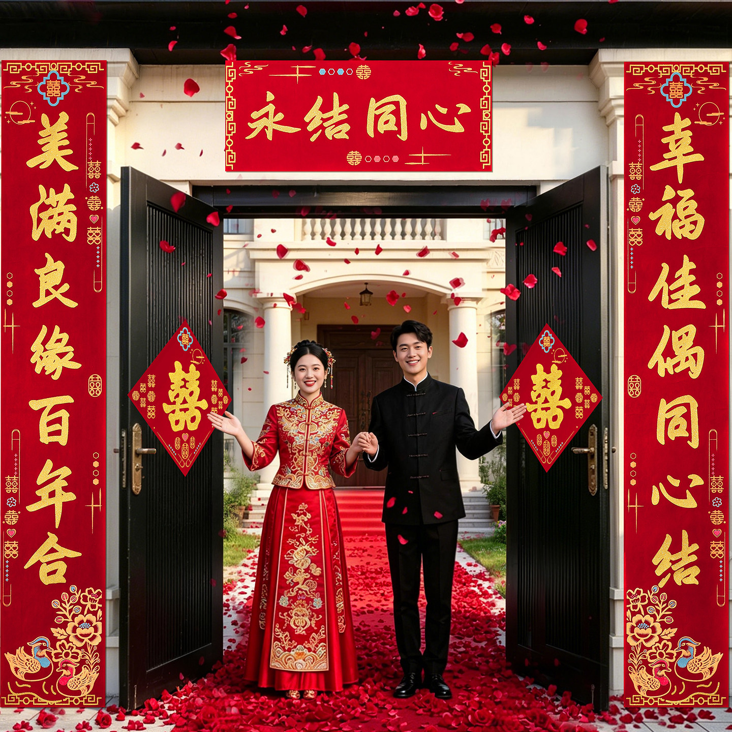 结婚对联喜联大门男方婚庆女方出嫁婚房对联植绒烫金自粘装饰用品