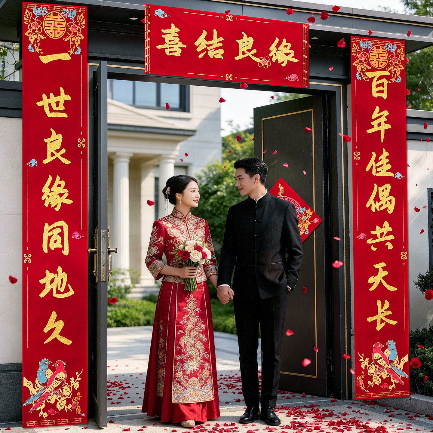 婚房对联植绒烫金自粘结婚对联大门男方婚庆女方出嫁喜联装饰用品