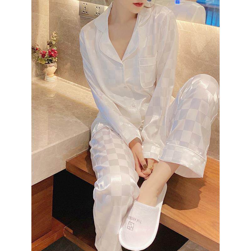 定制刺绣冰丝睡衣女真丝绸春夏秋长袖长裤两件套气质简约家居服