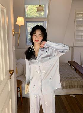 定制刺绣高级感冰丝睡衣女真丝绸春秋款紫色狗长袖夏家居服套装