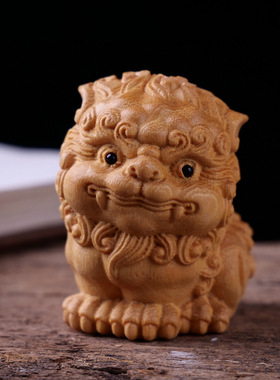 黄杨木雕刻绿檀国风喜狮临门手把件狮子茶宠摆件瑞兽家居博古架装
