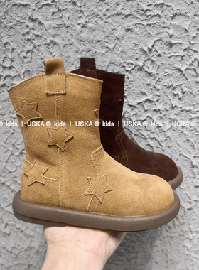 UskA2025年秋冬季新款女童马丁靴牛仔靴韩版皮靴复古星星长靴真皮