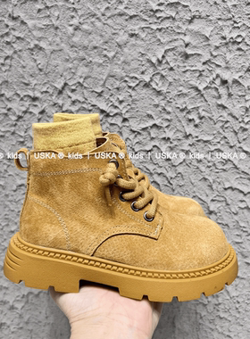 UskA2025年秋冬新款儿童棉靴加绒保暖冬季男童女童加厚皮面短筒靴