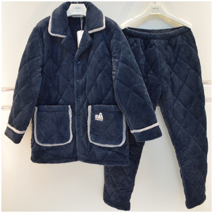 精雅冬季男士睡衣三层加厚加绒珊瑚绒夹棉袄保暖可外穿家居服套装