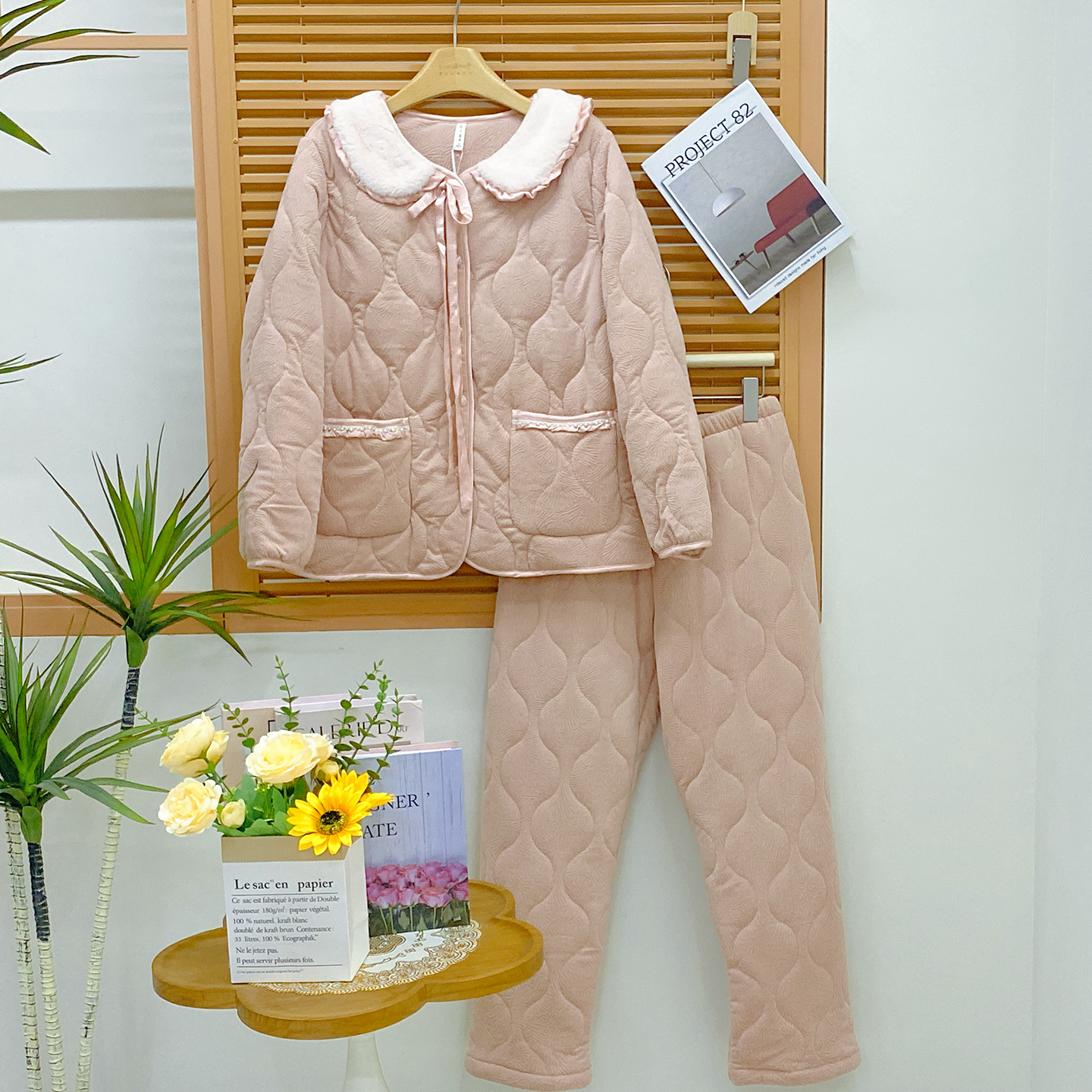 卡路曼女士睡衣2025冬季扇意轻羽绒棉三层夹棉保暖甜美淑女家居服