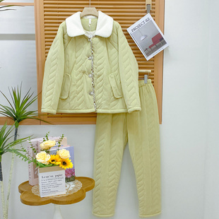 安杜拉女士睡衣2025冬季轻羽绒棉三层夹棉麻花格翻领家居服女套装