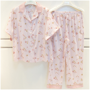 精雅睡衣女士夏季新款梭织纯棉贡缎棉印花短袖开衫长裤家居服套装