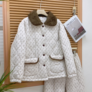 安杜拉女士睡衣2025冬季小碎花轻羽绒棉三层夹棉保暖女家居服套装