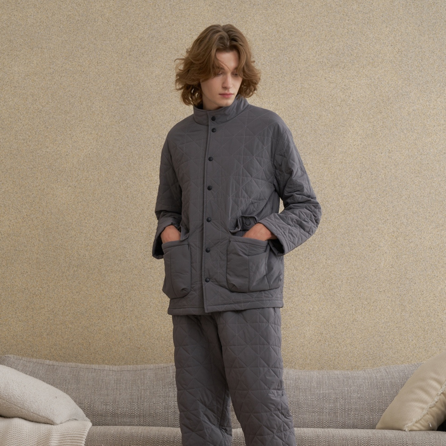 创五季男士夹棉睡衣2025冬季轻羽绒棉加厚保暖立领可外穿家居服套