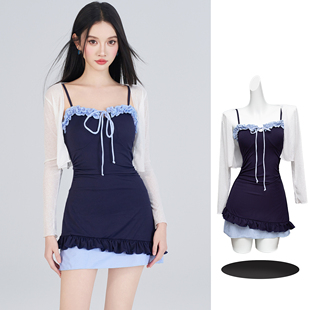 显瘦裙式 2026年新款 荷叶边绑带修身 女连体泳衣长袖 泳衣 保守风格