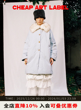 cheap art label淡蓝色可拆毛领落肩羽绒服廓形翻领厚外套女25冬