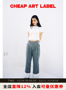 cheap art label 蓝绿色灯芯绒蕾丝翻边直筒休闲裤女2025秋季新款