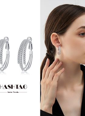 HASHTAG 三圈轨道半满镶锆石错位耳圈HOOP耳环小众设计63OAKAVE