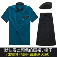 Синяя черная юбка в складку, фартук, черный берет, короткий рукав