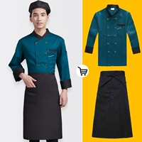 Синий лонгслив, черная юбка в складку, фартук