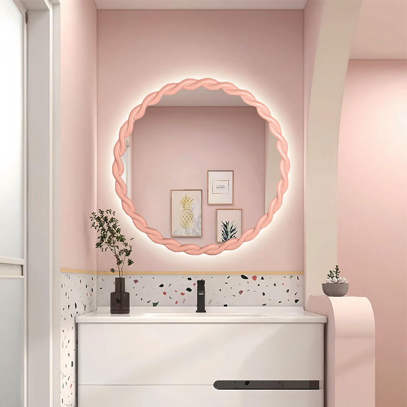 奶油麻花形梳妆镜北欧风壁挂浴室镜少女心粉色系列卧室化妆镜定制
