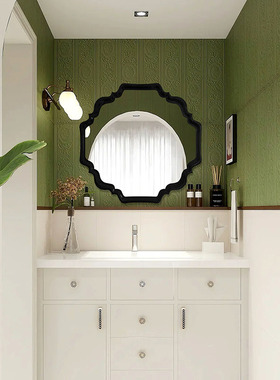 法式复古黑色浴室洗漱镜子欧式轻奢黑色异形壁挂装饰镜LED化妆镜