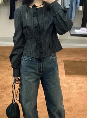 ASCRIPTION25春夏女士法式学院风气质减龄格子衬衫圆领上衣