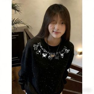 氛围小众满天星亮片卫衣长袖印花圆领女款秋冬款宽松显瘦印花上衣