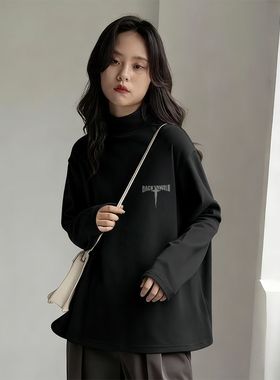 德绒半高领打底衫女款黑色休闲风中长款新款秋冬季长袖t恤isn上衣