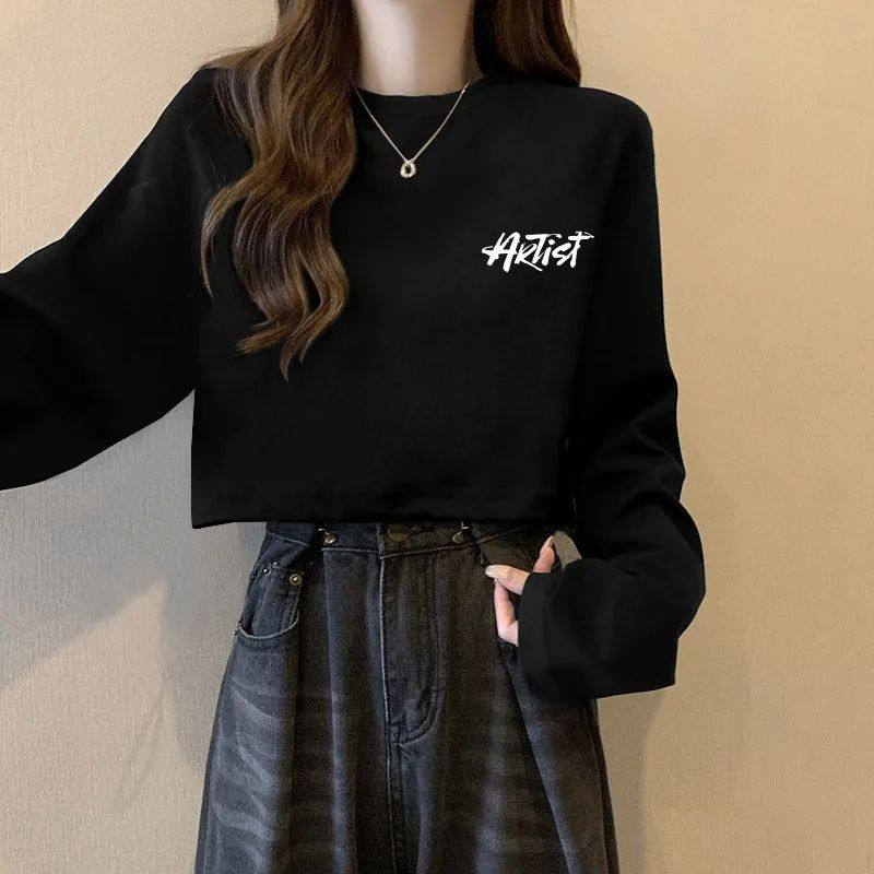 纯棉美式黑色长袖t恤女装秋季2025新款宽松慵懒风短款ins潮流上衣,女装/女士精品,T恤,淘宝优惠券,粉丝福利购,淘宝优惠卷