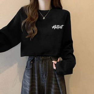 纯棉美式黑色长袖t恤女装秋季2025新款宽松慵懒风短款ins潮流上衣