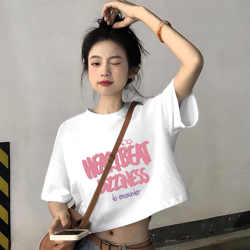 2025夏季新款短袖T恤女生韩版夏季潮流宽松印花纯棉圆领短款上衣 - 实物图