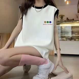 休闲纯棉无袖 气质港味上衣 T恤女宽松百搭ins潮流黑白夏季 学生美式