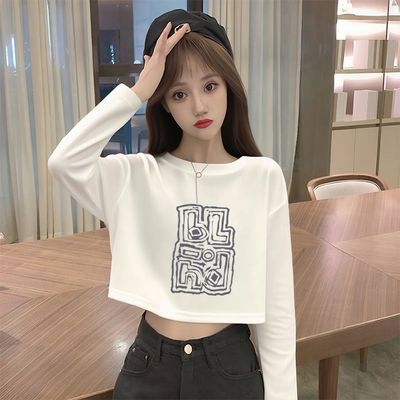 2025早秋新款纯棉ins潮韩版短款长袖T恤白色体恤女高腰嘻哈风上衣