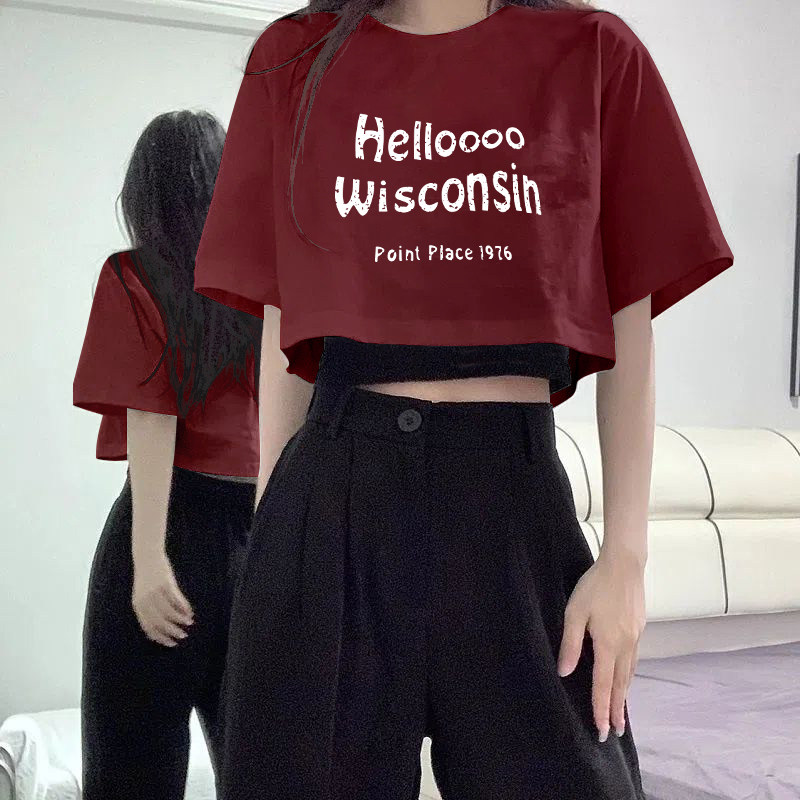 纯棉美式复古落肩短袖t恤女2025夏季酒红色圆领短款辣妹上衣ins潮