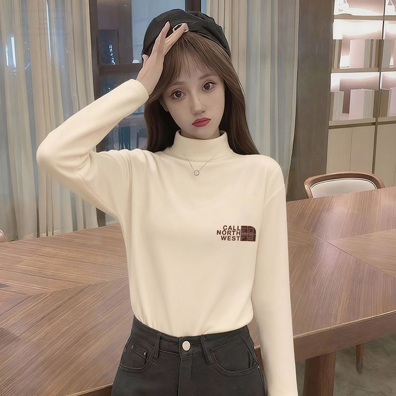 双面德绒杏色长袖t恤女冬季小众设计感新款美式修身打底上衣潮流