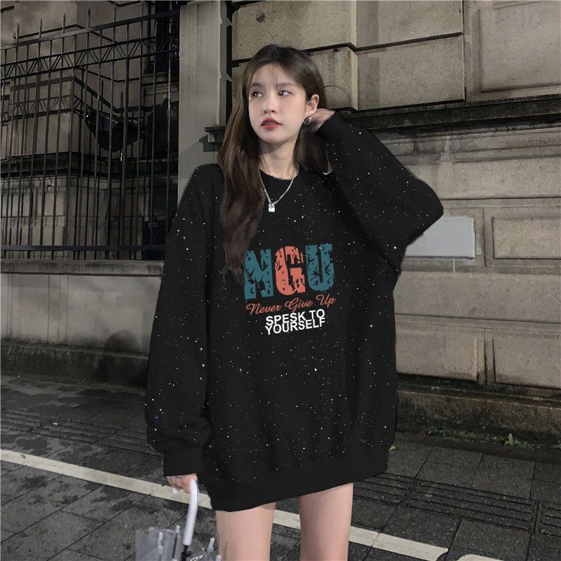 新款满天星亮片卫衣长袖百搭男款美式印花休闲风宽松显瘦重磅上衣