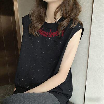 夏款潮流圆领满天星亮片无袖背心T恤印花女生宽松显瘦休闲风上衣