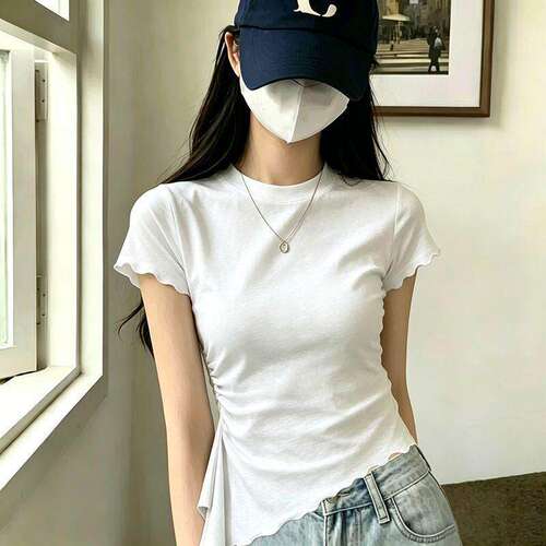 氛围感潮牌潮流甜辣复古甜美木耳边纯色短袖体恤女款修身显瘦上衣