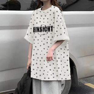 复古设计感小众打底上衣 夏季 纯棉宽松圆领短袖 T恤女2025新款 美式