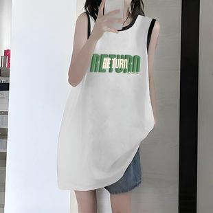 T恤夏季 纯棉薄款 复古无袖 印花拼接撞色个性 背心女士上衣高级 美式