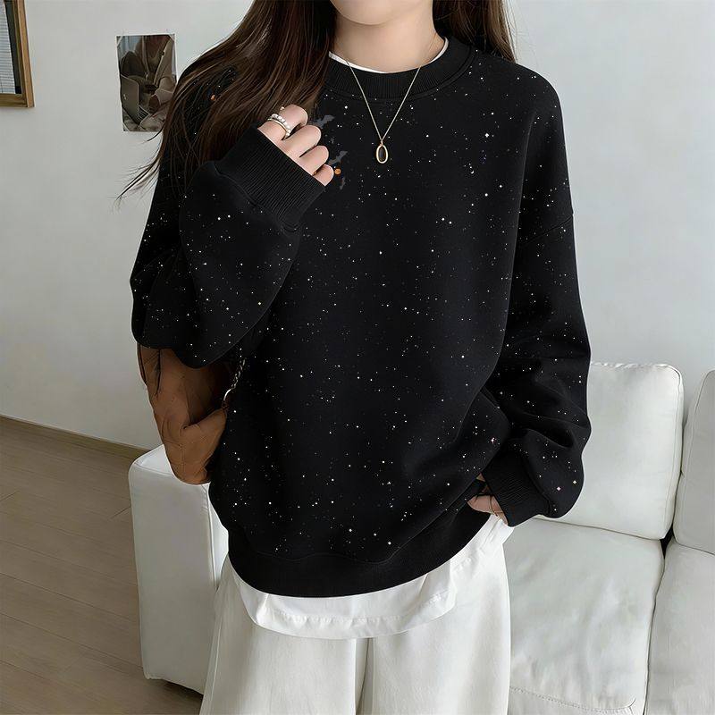 原宿风秋冬新款黑色圆领加绒卫衣女小众宽松满天星时尚简约上衣服